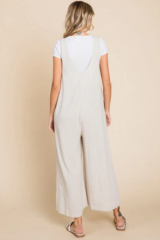 Beige V-Neck Wide Leg Jumpsuit