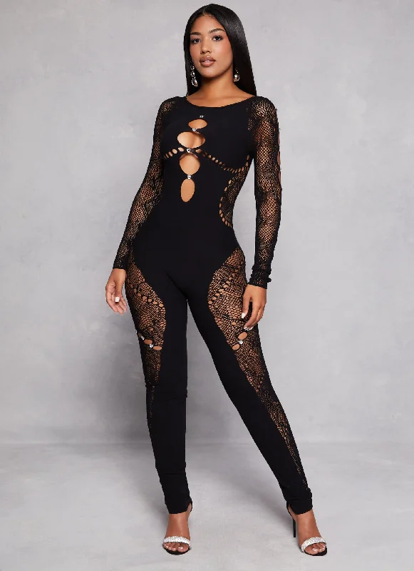 Rhinestone Cut Out Seamless Catsuit