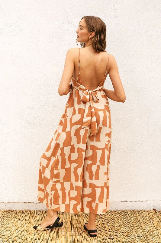 Camel Abstract Print Wide Leg Jumpsuit