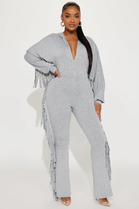 Caught In The Fringe Jumpsuit - Heather Grey