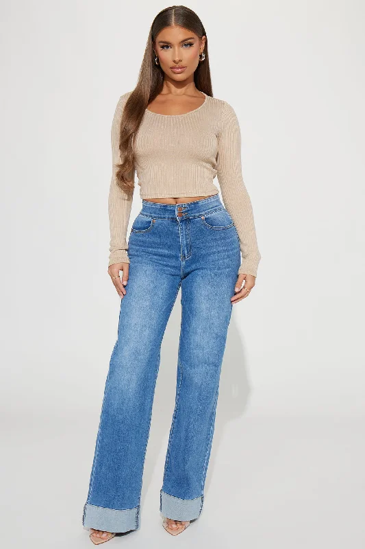 Ciara Stretch Cuffed Wide Leg Jeans - Medium Wash