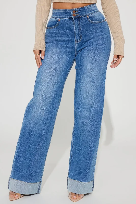 Ciara Stretch Cuffed Wide Leg Jeans - Medium Wash