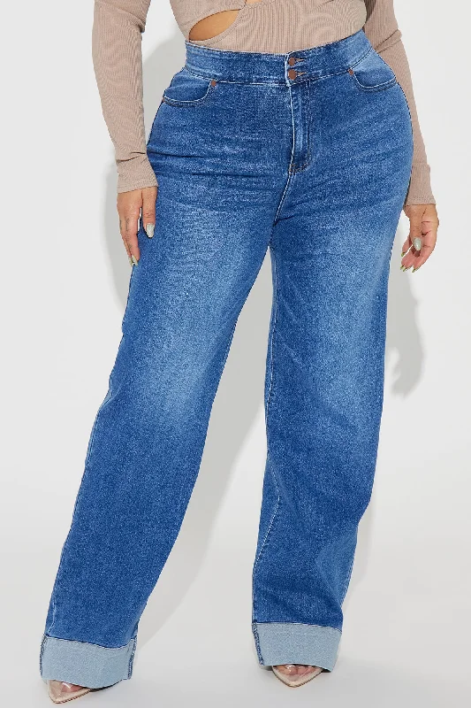 Ciara Stretch Cuffed Wide Leg Jeans - Medium Wash