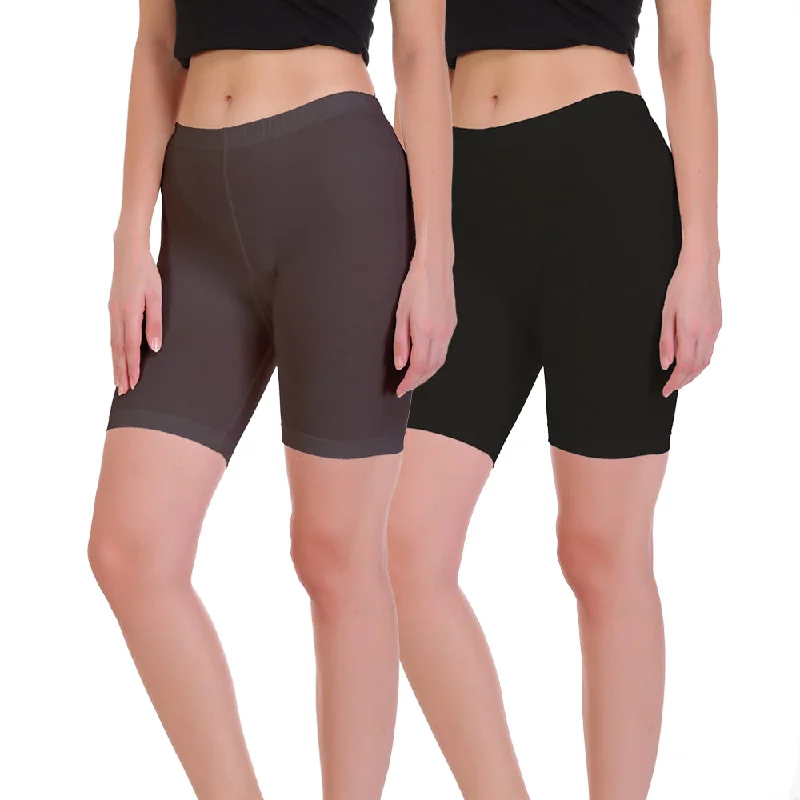 T.T. Pearl Women 100% Cotton Multipurpose Shorts Pack Of 2 Black & Chocolate Brown