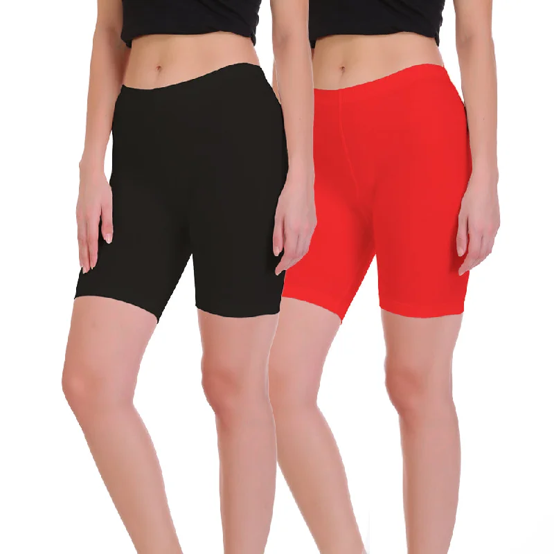 T.T. Pearl Women 100% Cotton Multipurpose Shorts Pack Of 2 Red & Black