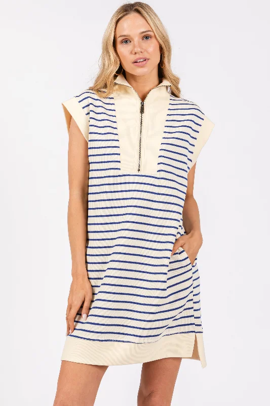 Cream Blue Striped Mini Dress