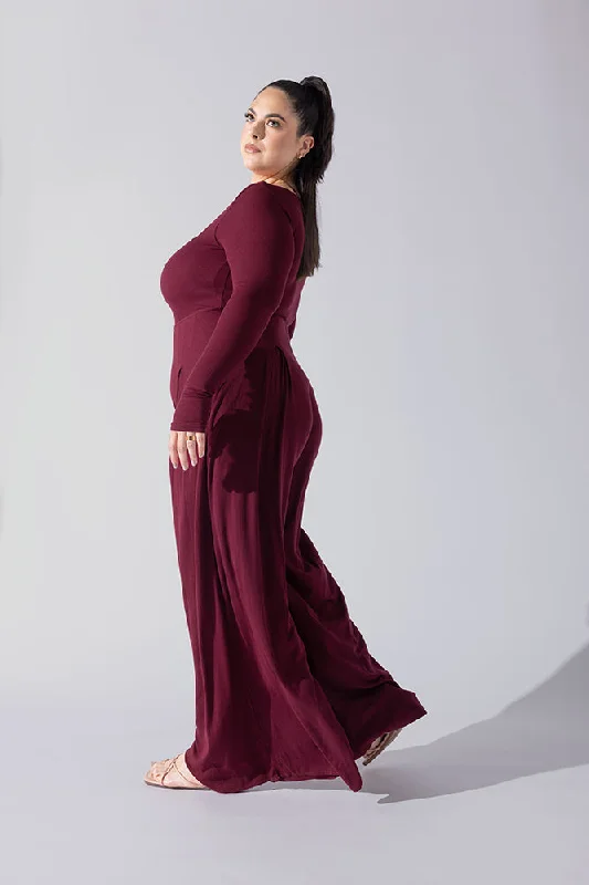 Go With The Flow Long Sleeve Jumpsuit - Garnet