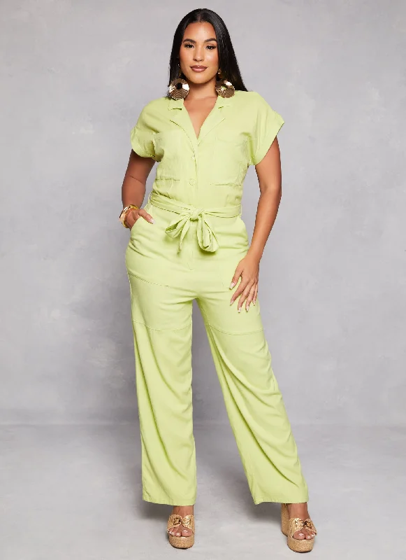 Haute Monde Linen Belted Wide Leg Jumpsuit