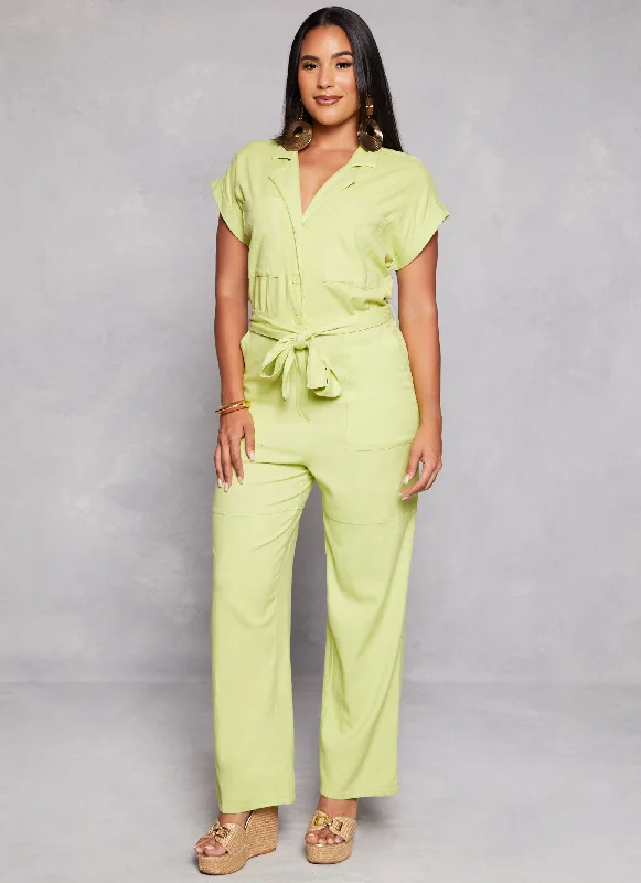 Haute Monde Linen Belted Wide Leg Jumpsuit