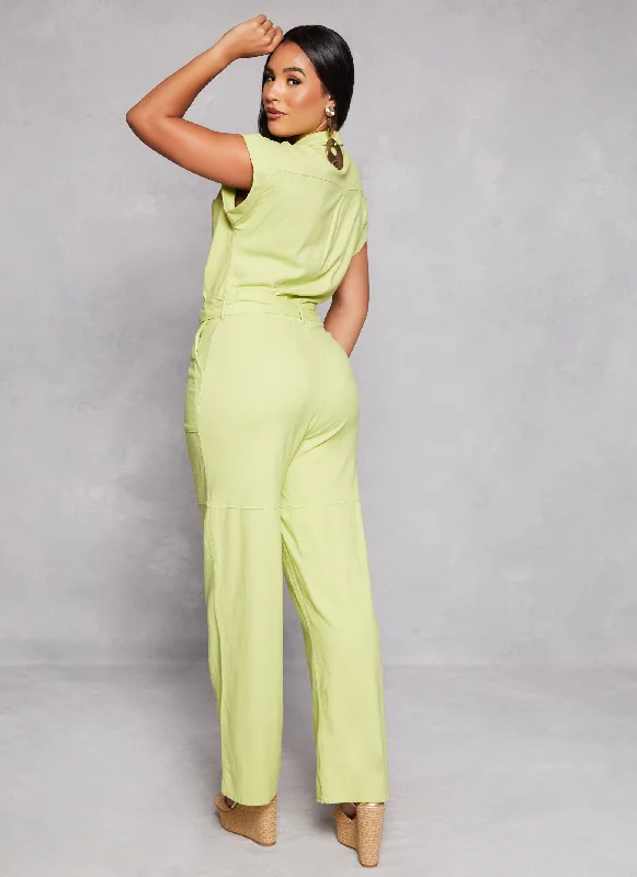 Haute Monde Linen Belted Wide Leg Jumpsuit