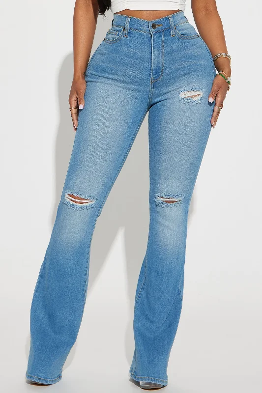 Luxurious Distressed Super Stretch Flare Jeans - Medium Blue Wash