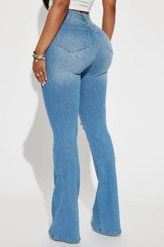 Luxurious Distressed Super Stretch Flare Jeans - Medium Blue Wash