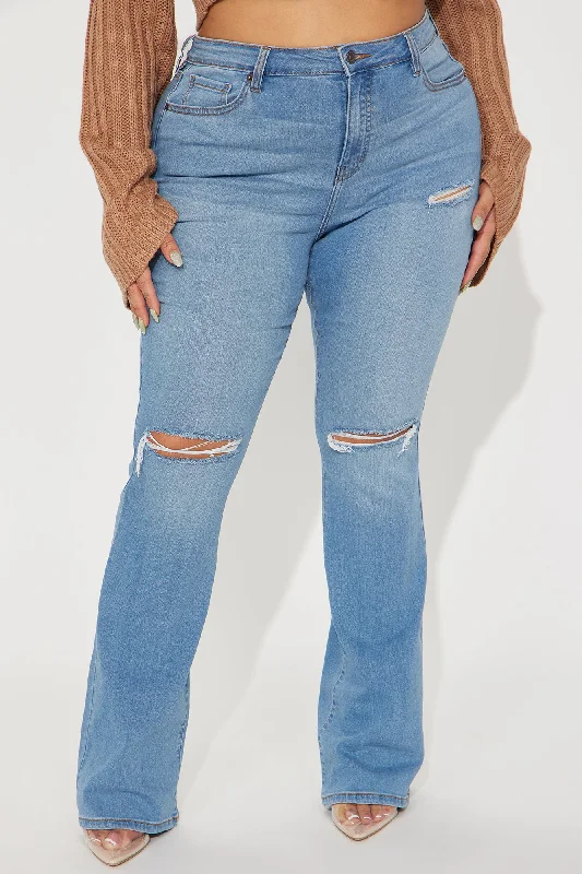 Luxurious Distressed Super Stretch Flare Jeans - Medium Blue Wash