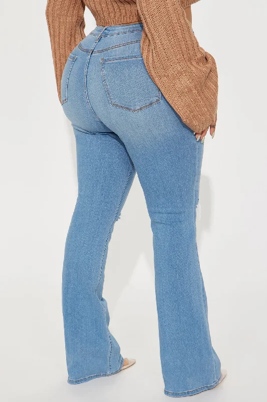 Luxurious Distressed Super Stretch Flare Jeans - Medium Blue Wash