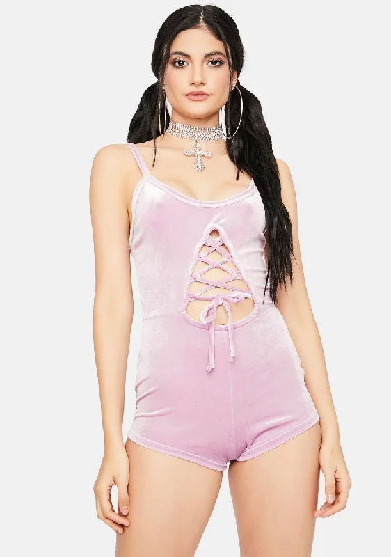 Mauve Changing Perspectives  Velour Lace Up Romper