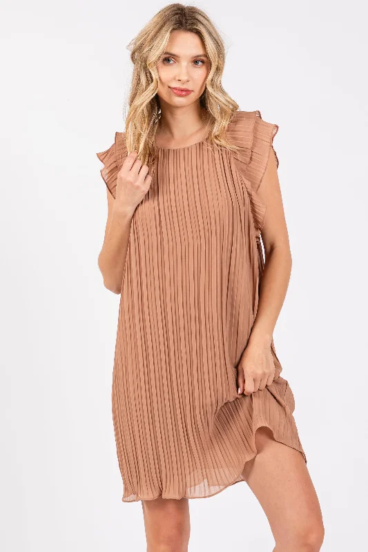 Mocha Flutter Sleeve Pleated Chiffon Mini Dress