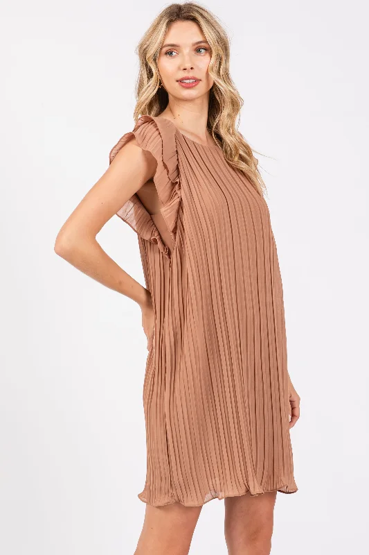 Mocha Flutter Sleeve Pleated Chiffon Mini Dress