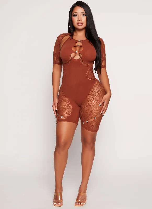 Rhinestone Cut Out Seamless Biker Romper