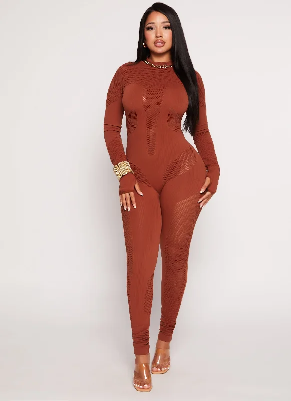 Seamless Ribbed Fishnet Detail Long Sleeve Jumpsuit