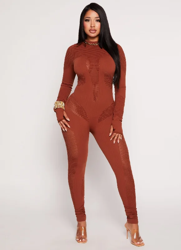 Seamless Ribbed Fishnet Detail Long Sleeve Jumpsuit