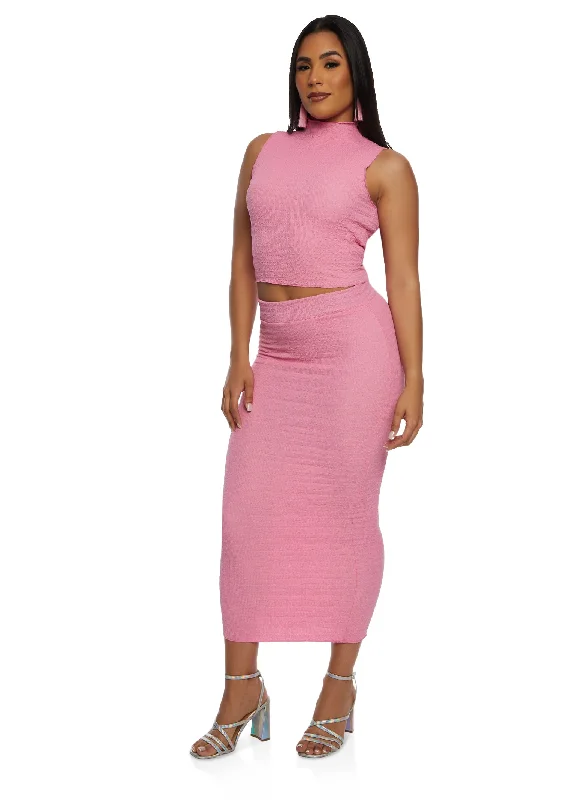 Textured Knit High Waist Midi Pencil Skirt