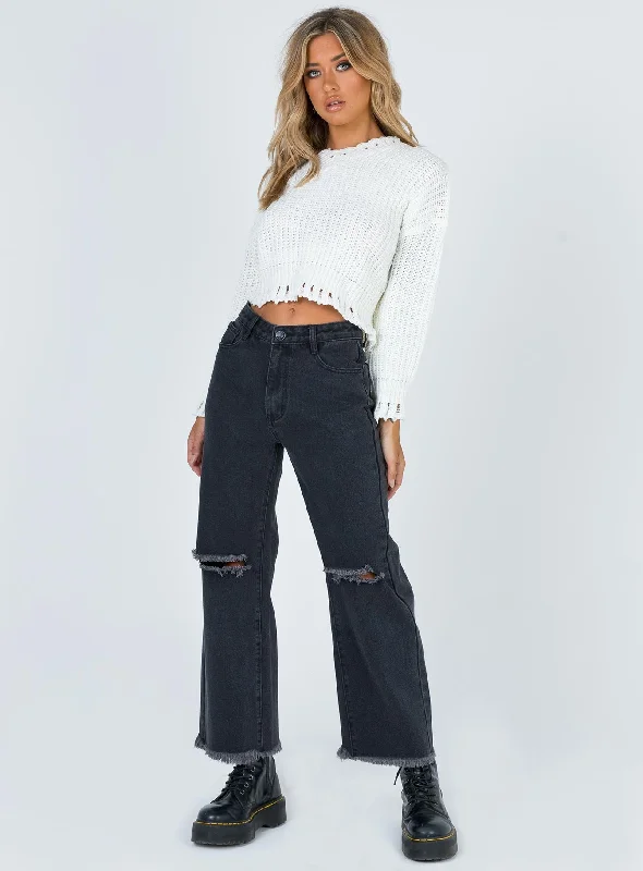 Cece Hammer Wide Leg Knee Rip Jeans Black Denim