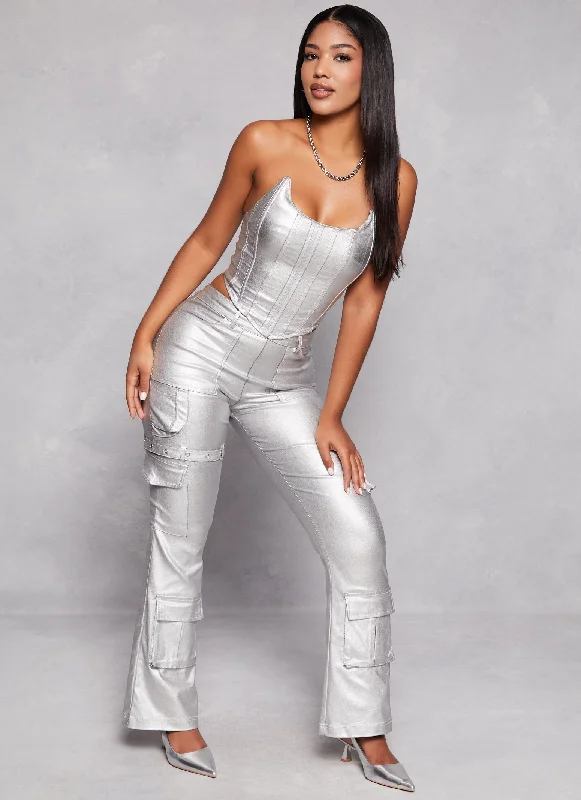 Metallic Faux Leather Corset Cargo Jumpsuit