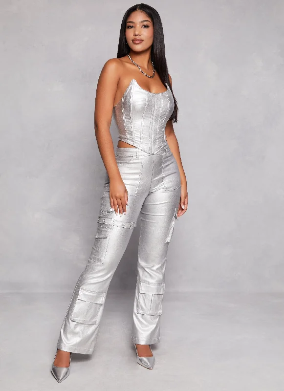 Metallic Faux Leather Corset Cargo Jumpsuit