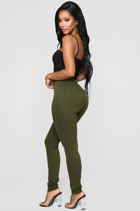 Super High Waist Denim Skinnies - Olive