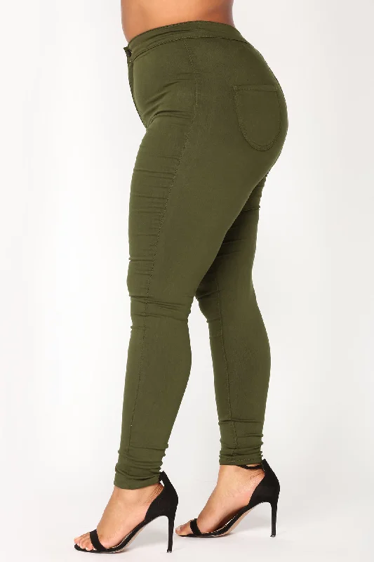 Super High Waist Denim Skinnies - Olive