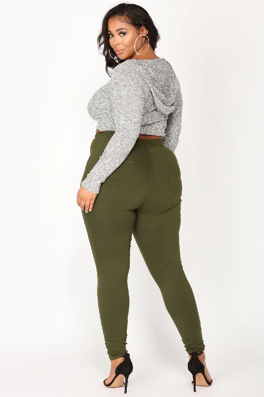 Super High Waist Denim Skinnies - Olive