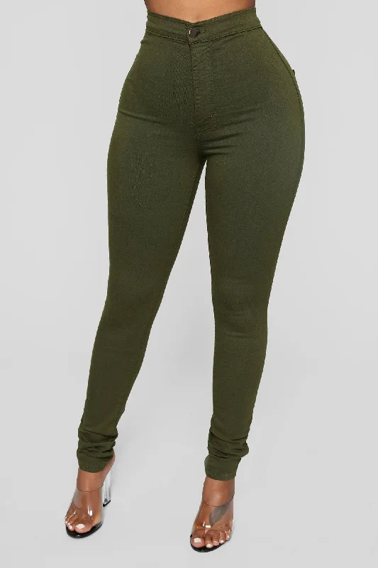 Super High Waist Denim Skinnies - Olive