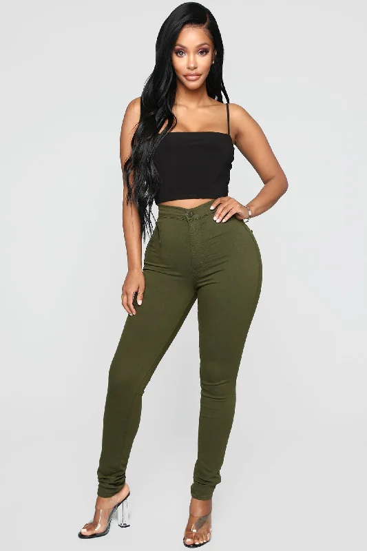 Super High Waist Denim Skinnies - Olive