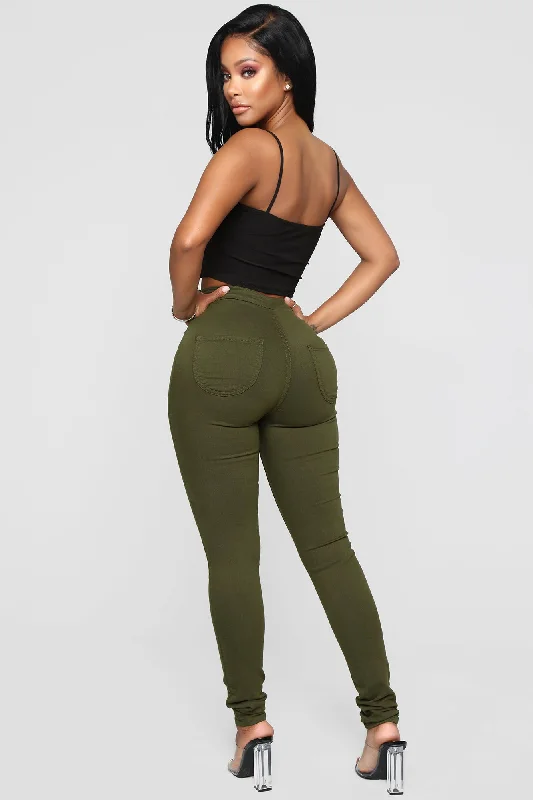 Super High Waist Denim Skinnies - Olive