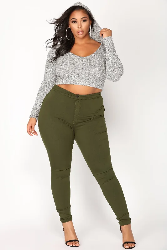 Super High Waist Denim Skinnies - Olive