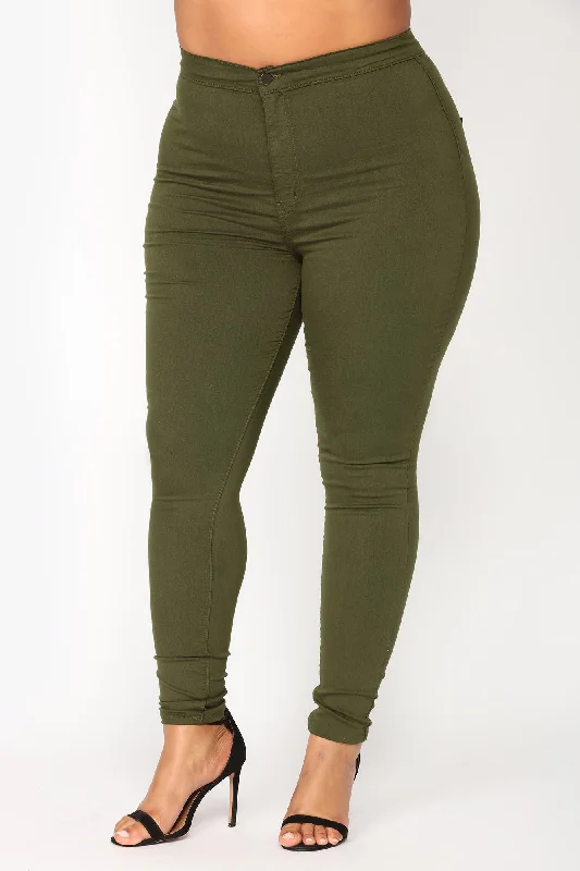 Super High Waist Denim Skinnies - Olive