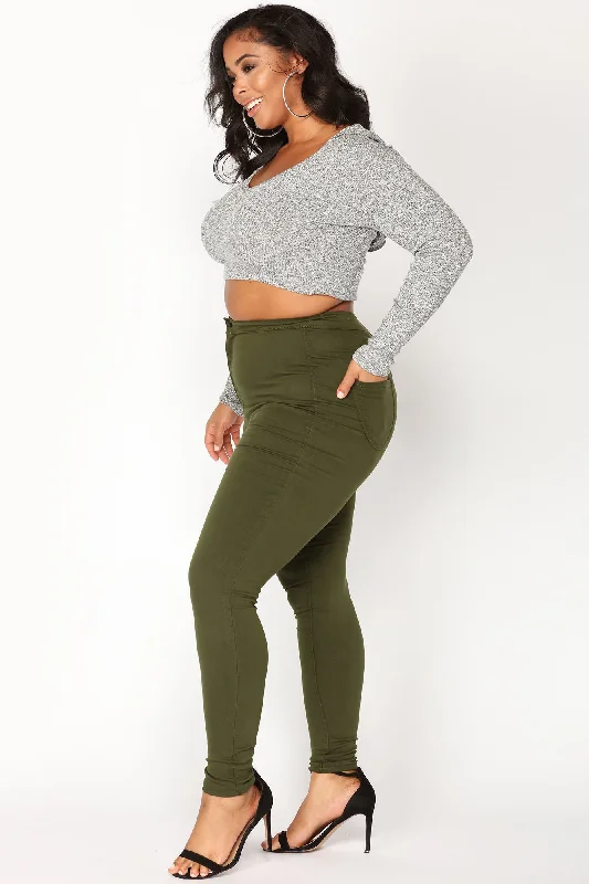 Super High Waist Denim Skinnies - Olive