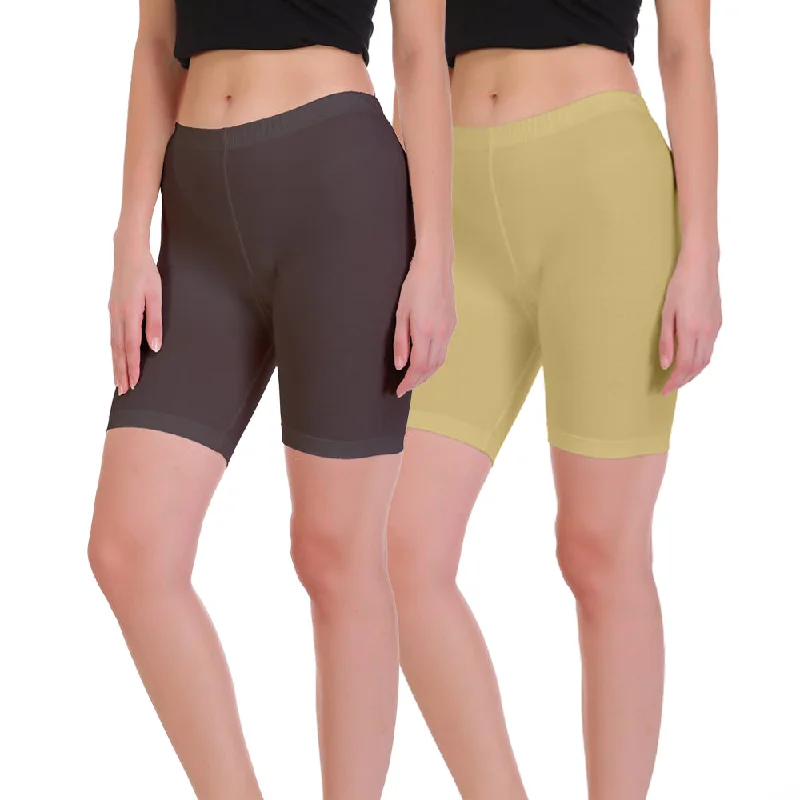 T.T. Pearl Women 100% Cotton Multipurpose Shorts Pack Of 2 Skin & C.Brown