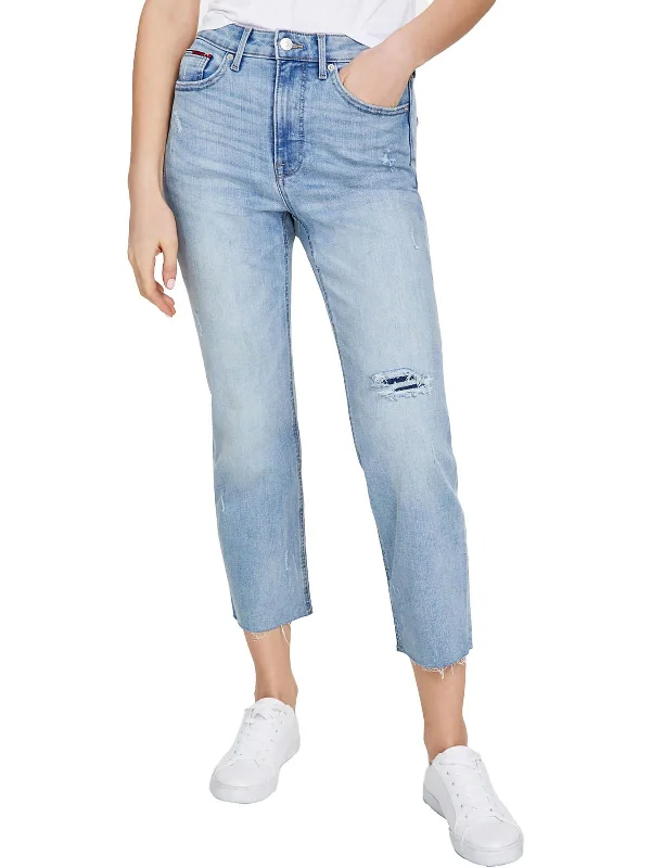 Womens Destroyed Denim Straight Leg Jeans