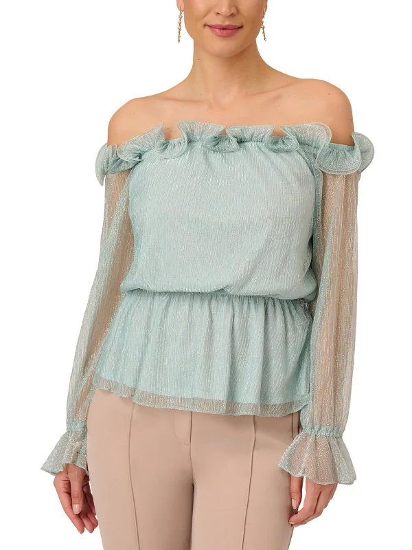 Womens Ruffled Metallic Peplum Top