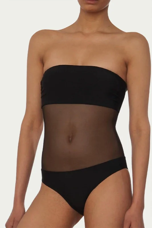 Mesh-Paneled Bandeau Swimsuit In Black