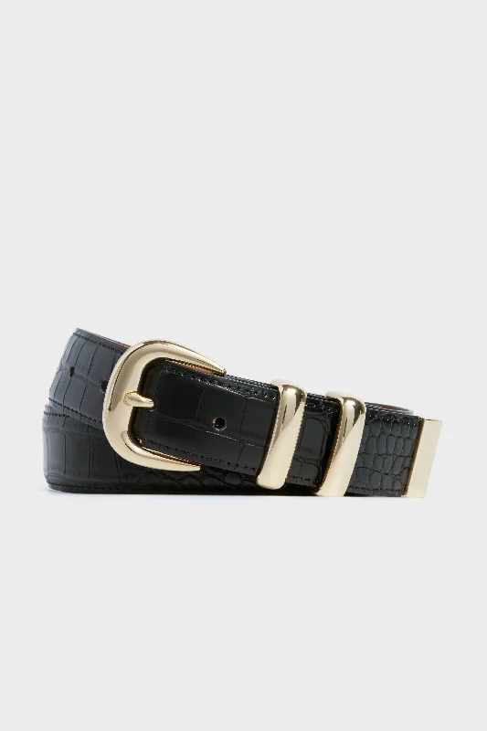 Black Croc-Embossed Western Belt