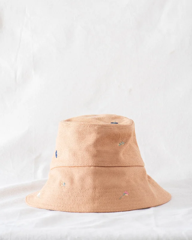 The Bucket Hat. -- Camel with Tossed Floral Embroidery