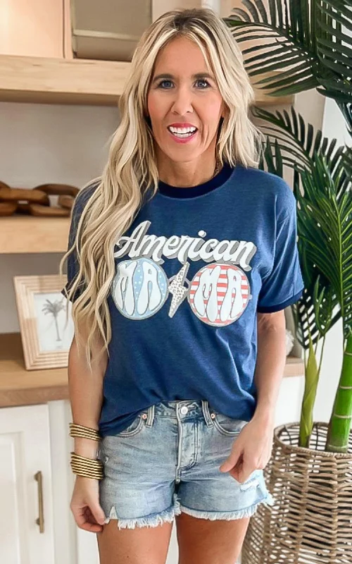 Denim Navy AMERICAN MAMA Ringer Graphic T-shirt - Deal