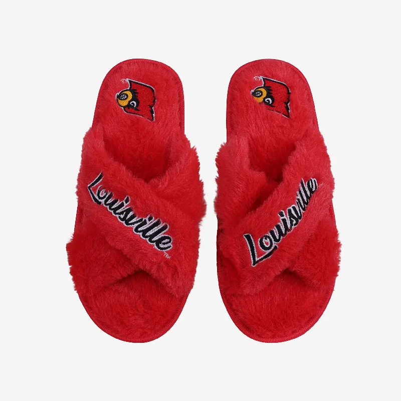 Louisville Cardinals Womens Script Wordmark Fur Cross Slide