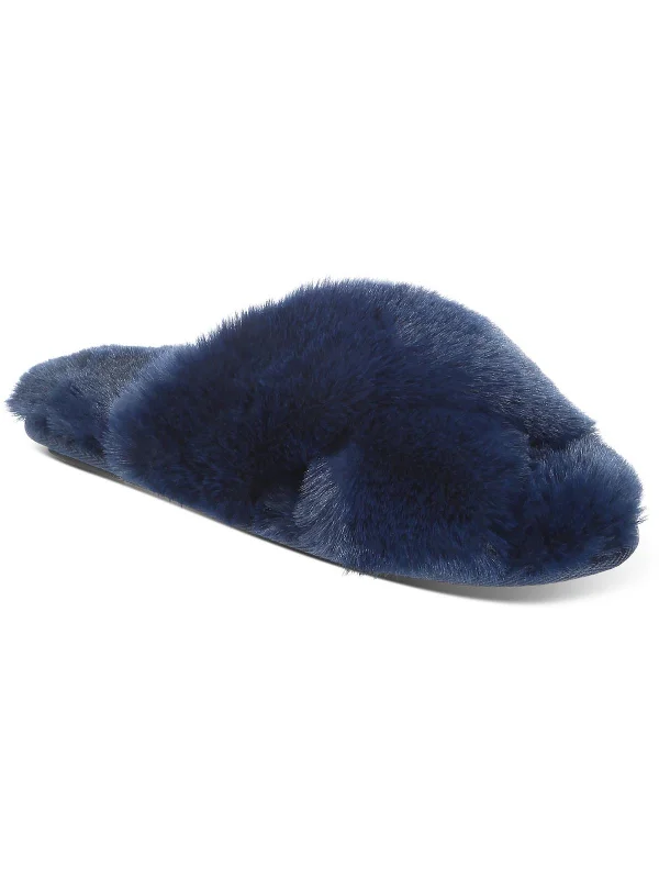 Womens Faux Fur Criss Cross Slides Slide Slippers